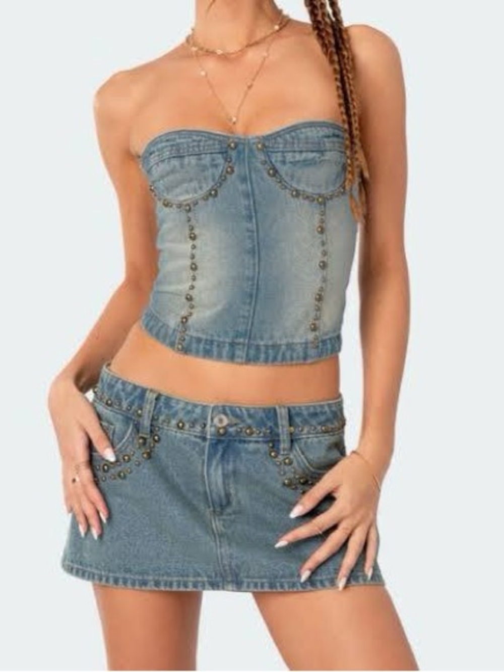 Edikted Studded Denim Corset Tank Top - Blue